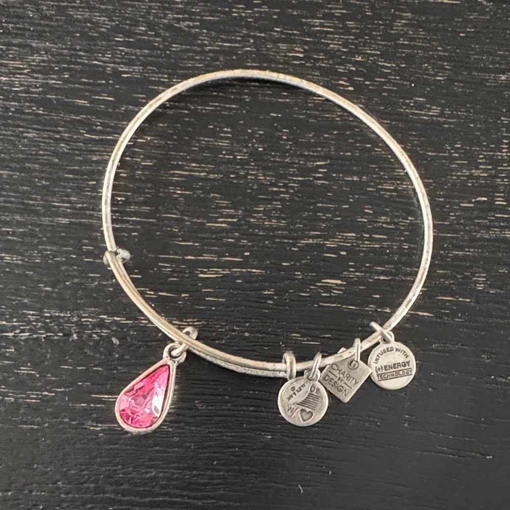 Alex and Ani Silver Bangle with Pink Teardrop Charm